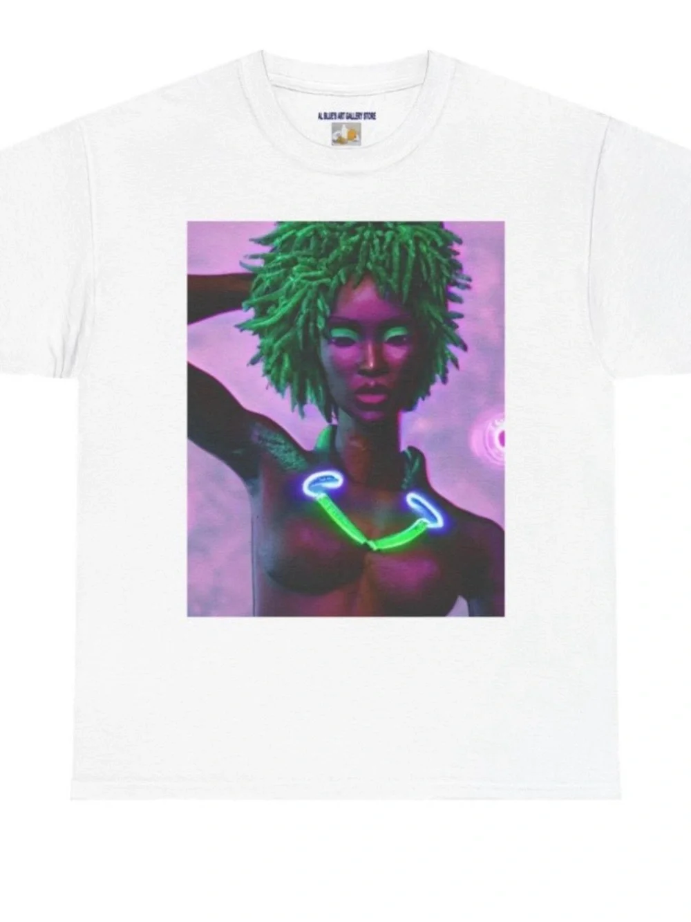 Al Blue designed,White Tee with Neon Green & Purple Graphic - Picture 2 of 2
